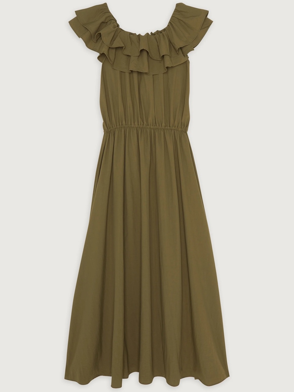 OAK + FORT Olive Ruffle-Shoulder Midi Dress